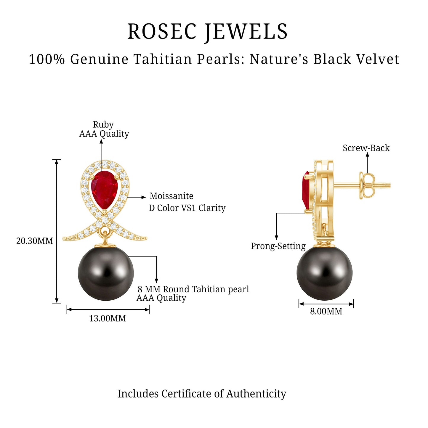 Pendientes de novia de perlas negras de Tahití estilo vintage con rubí