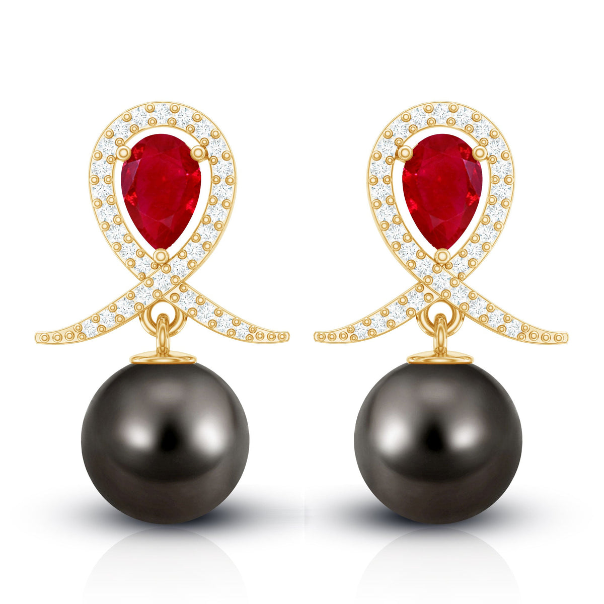Pendientes de novia de perlas negras de Tahití estilo vintage con rubí