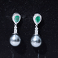 Pendientes de boda auténticos de perlas negras con esmeraldas y diamantes