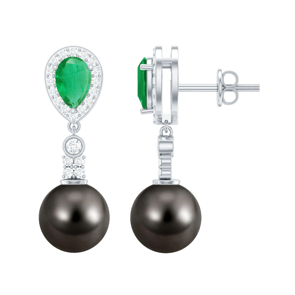 Pendientes de boda auténticos de perlas negras con esmeraldas y diamantes