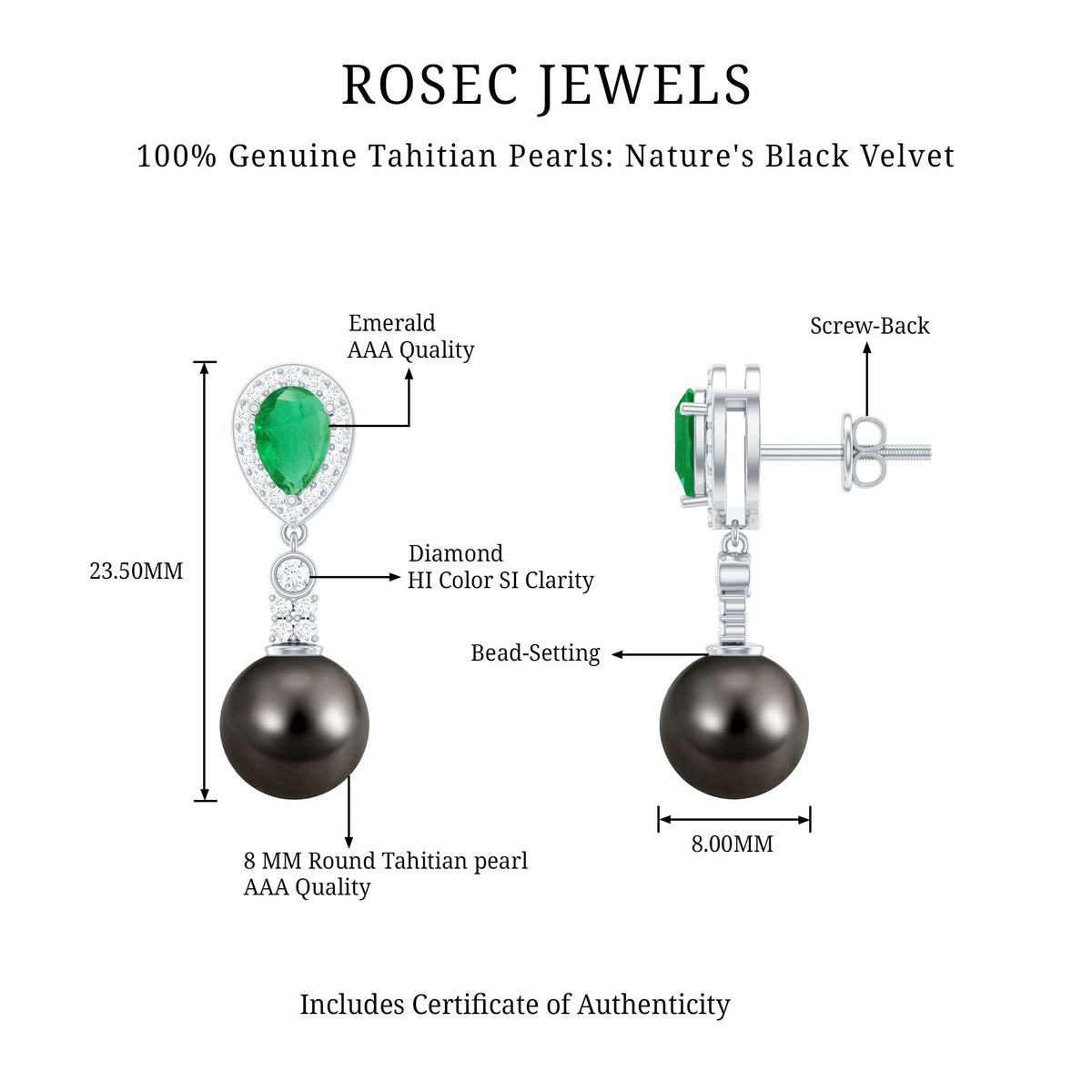 Pendientes de boda auténticos de perlas negras con esmeraldas y diamantes