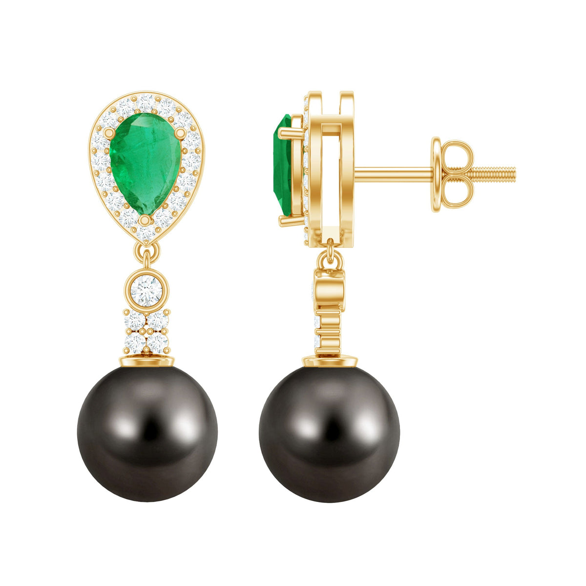 Pendientes de boda auténticos de perlas negras con esmeraldas y diamantes