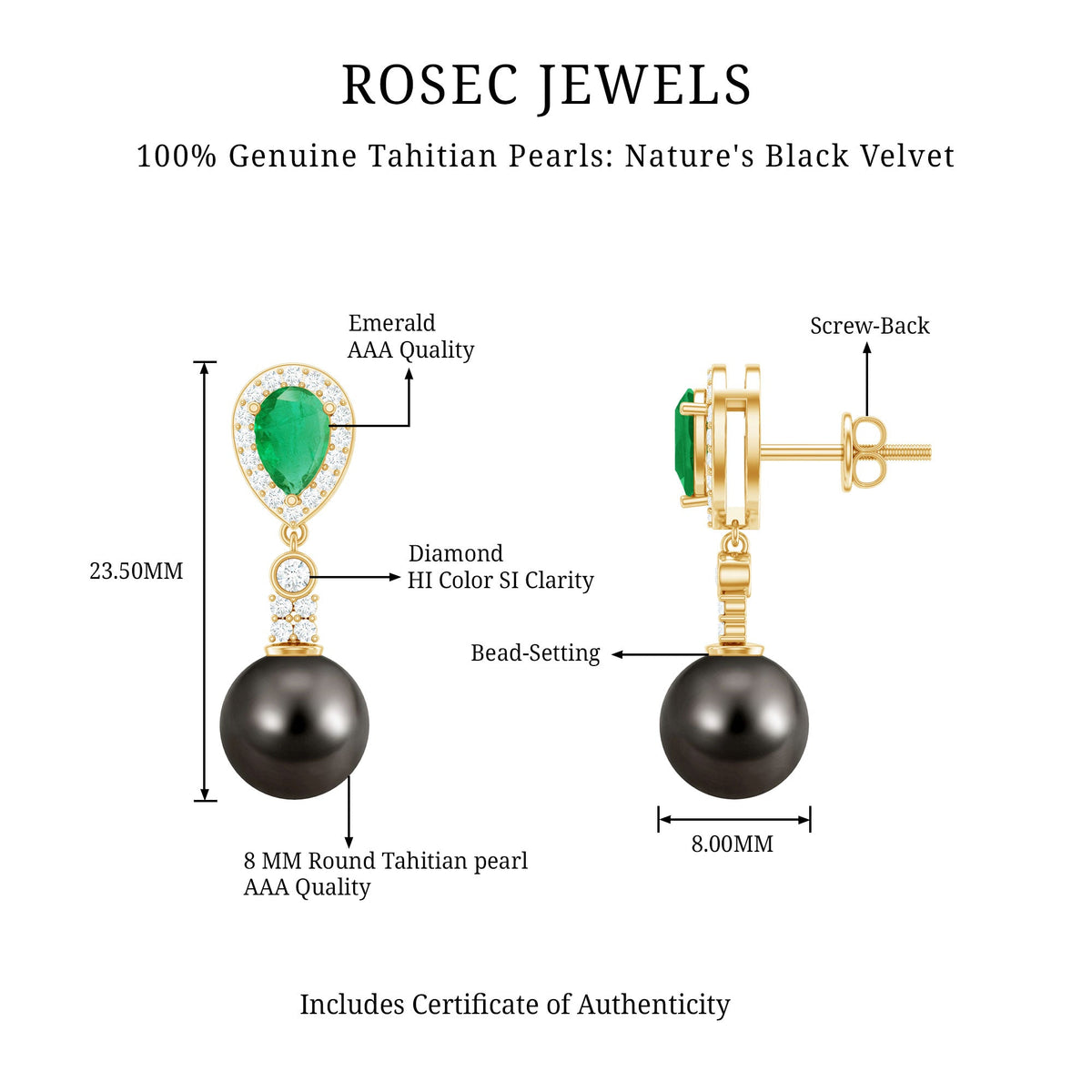 Pendientes de boda auténticos de perlas negras con esmeraldas y diamantes