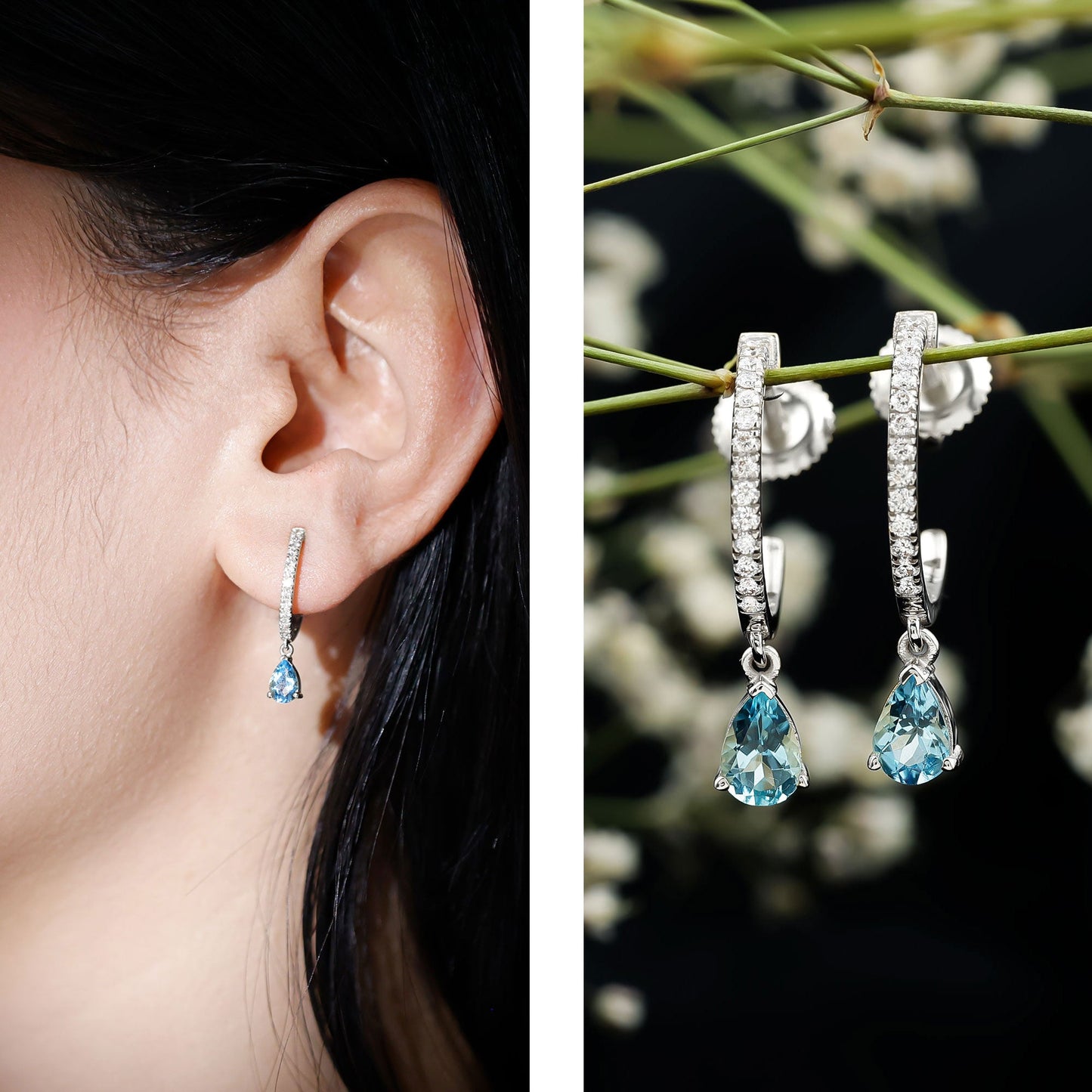 Pendientes de aro colgantes de aguamarina y diamantes