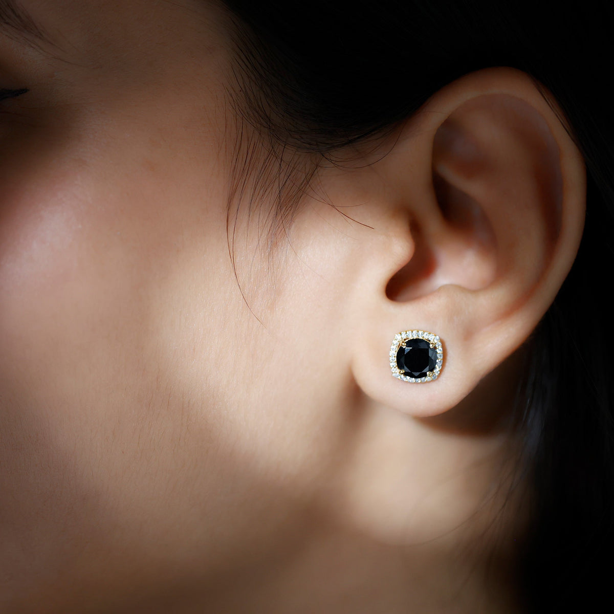 3 Carat Black Spinel Stud Earrings with Diamond Halo