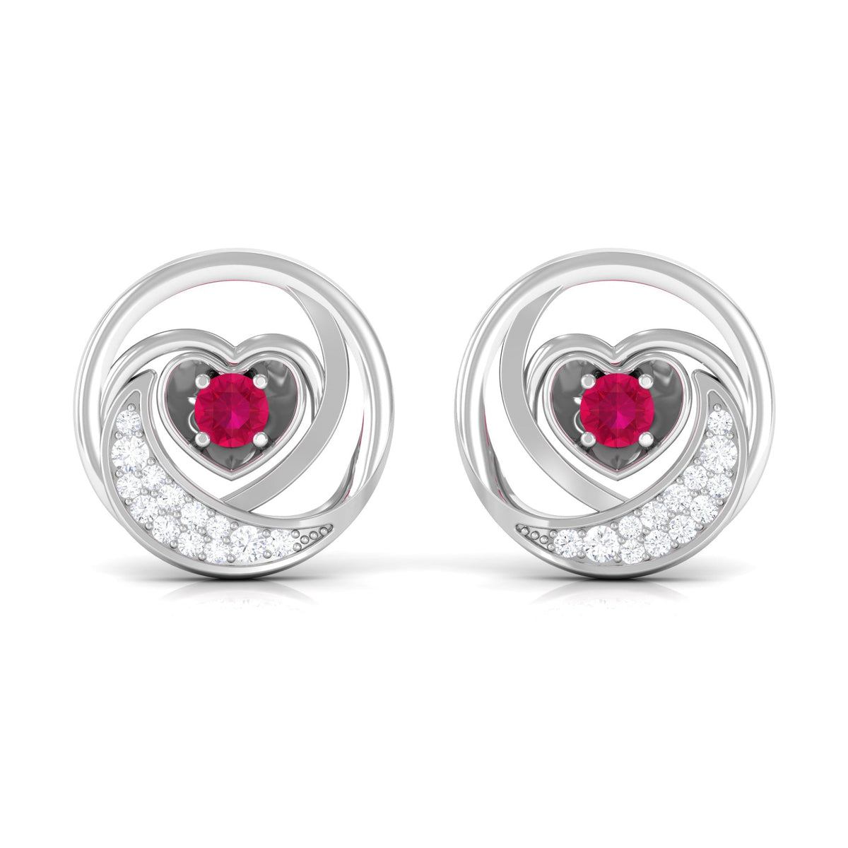 Round Ruby and Diamond Heart Stud Earrings