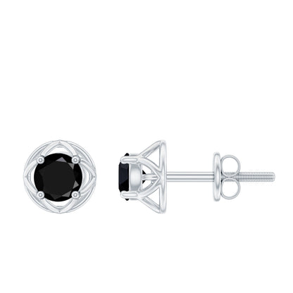 Dainty Floral Earrings with Round Cut Black Spinel