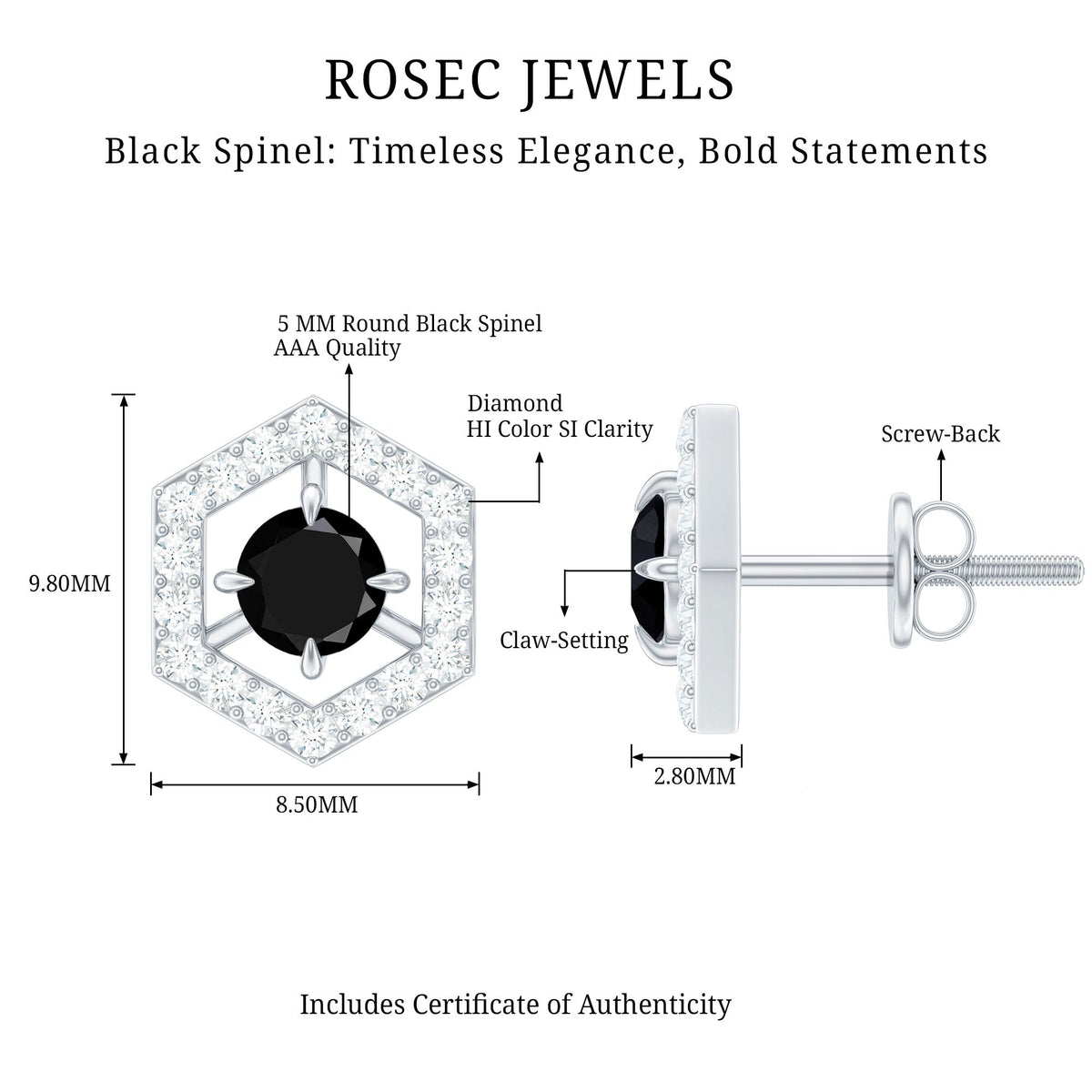 Pendientes de tuerca hexagonales de espinela negra de 0,9 quilates y diamantes