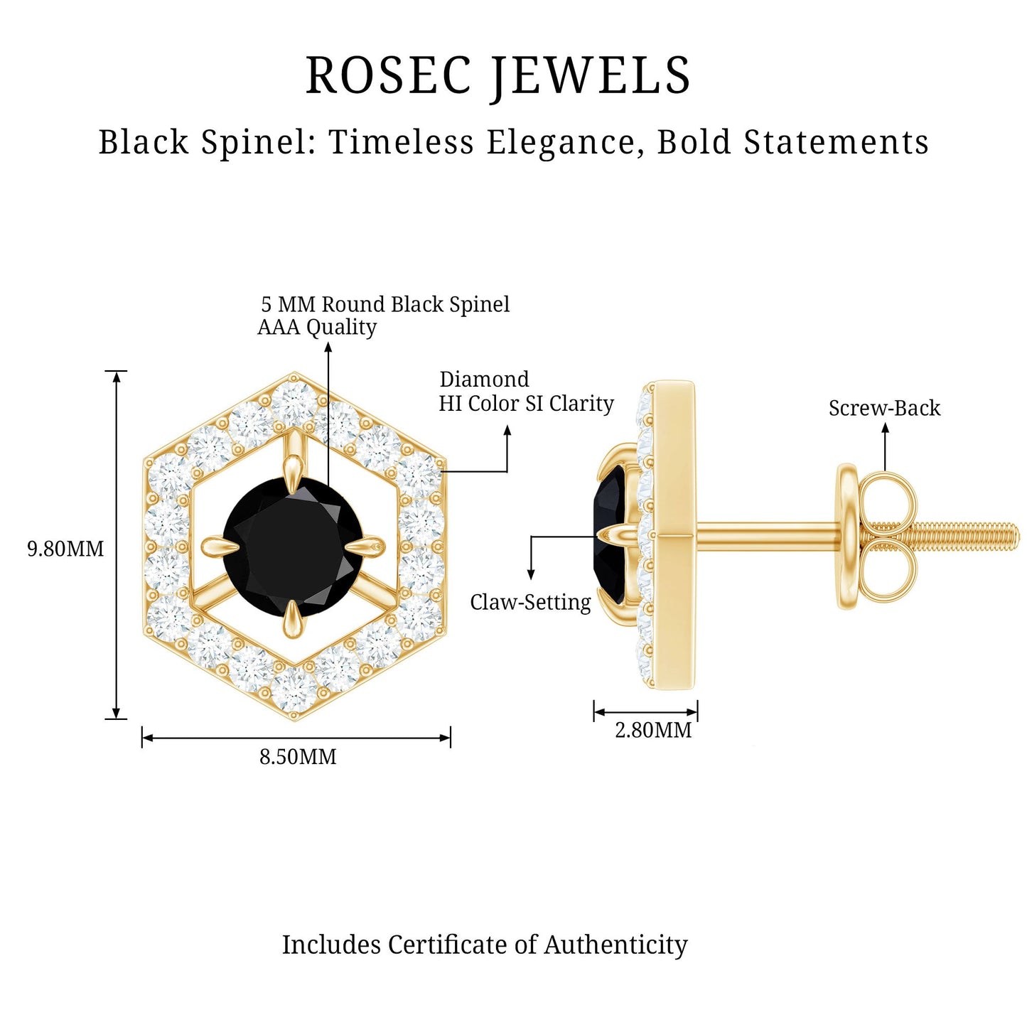 Pendientes de tuerca hexagonales de espinela negra de 0,9 quilates y diamantes