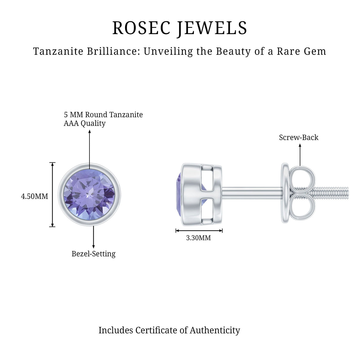 Natural 1 Carat Blue Tanzanite Solitaire Stud Earrings in Bezel Setting