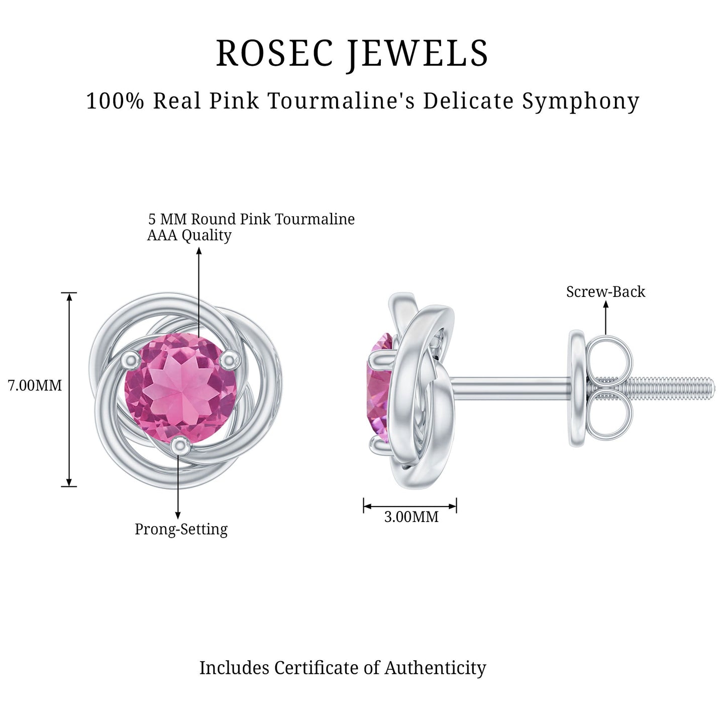 Pendientes de botón con solitario de turmalina rosa en espiral de 0,9 quilates