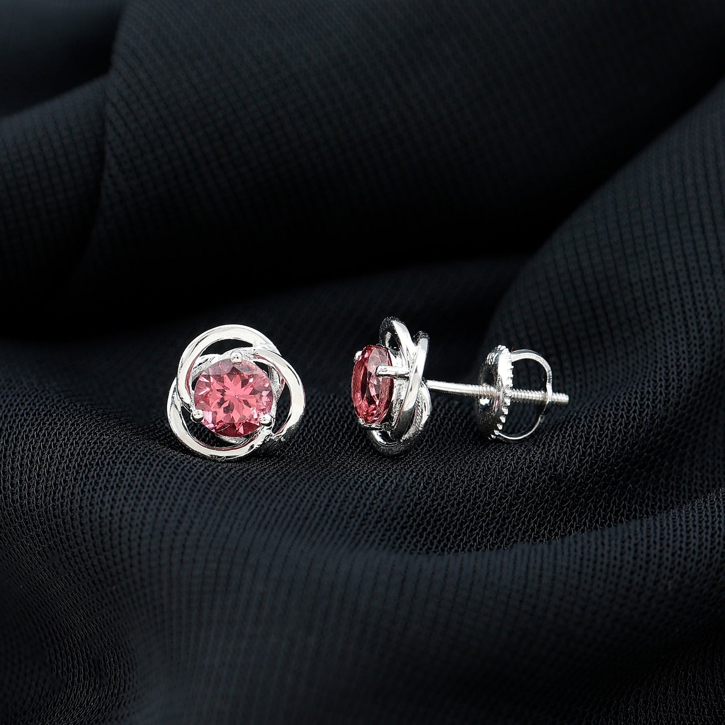 Pendientes de botón con solitario de turmalina rosa en espiral de 0,9 quilates