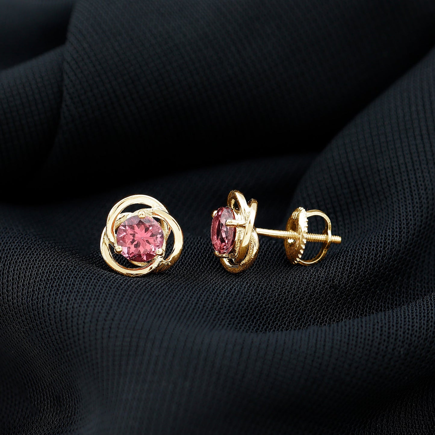 Pendientes de botón con solitario de turmalina rosa en espiral de 0,9 quilates