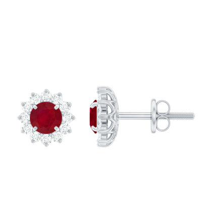 Pendientes de oro con rubí natural de 0,5 ct y halo de diamantes