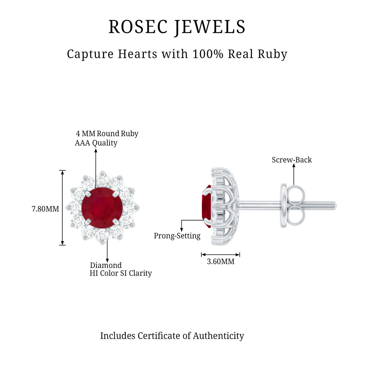 Pendientes de oro con rubí natural de 0,5 ct y halo de diamantes
