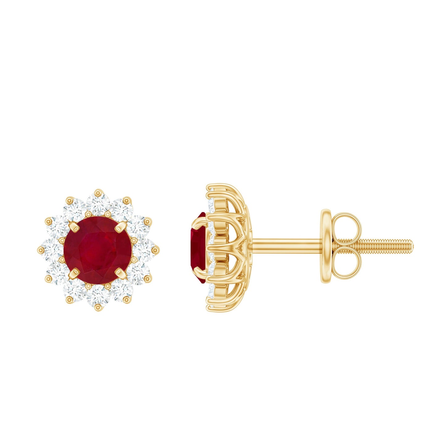 Pendientes de oro con rubí natural de 0,5 ct y halo de diamantes