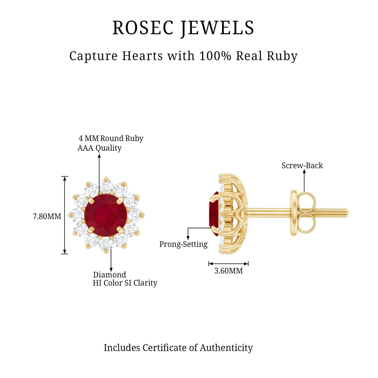 Pendientes de oro con rubí natural de 0,5 ct y halo de diamantes