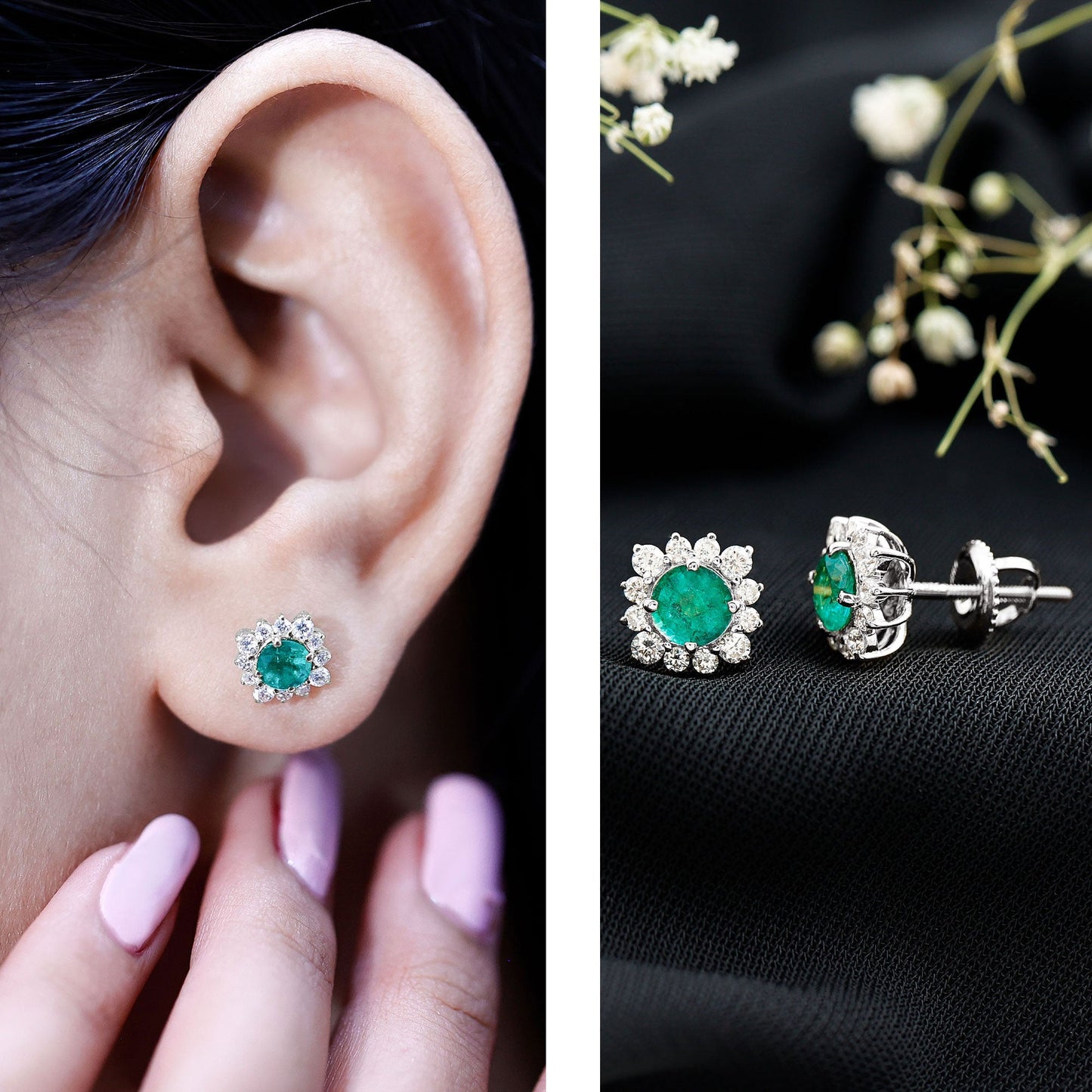 Real Emerald Stud Earrings with Diamond Halo