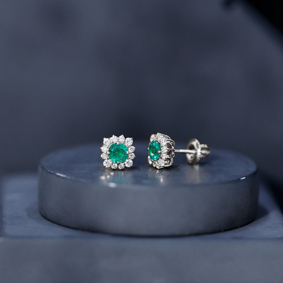 Real Emerald Stud Earrings with Diamond Halo