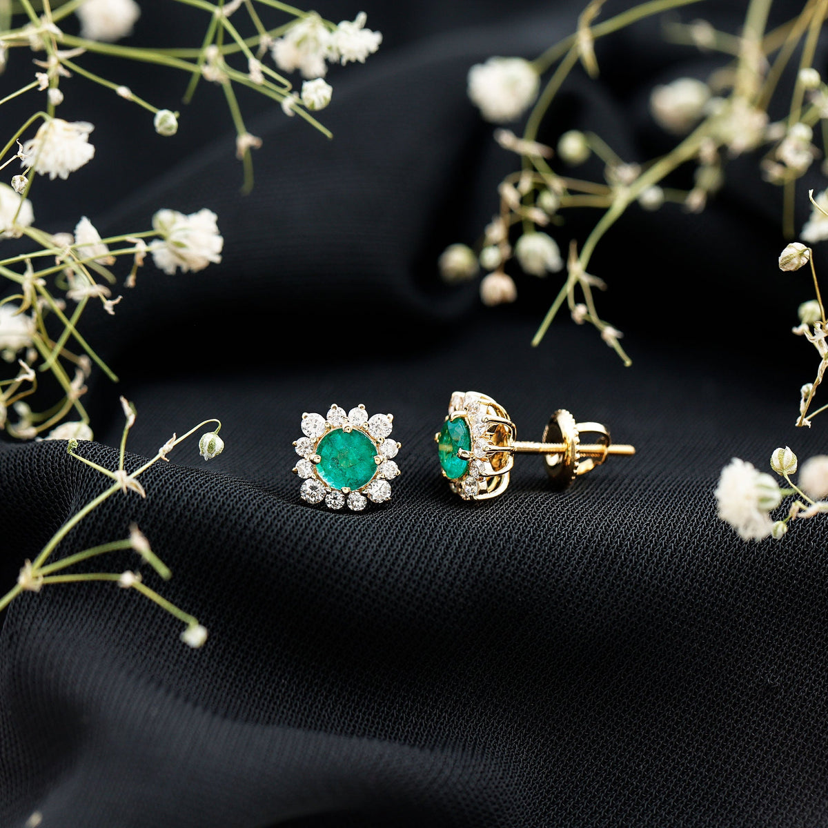 Real Emerald Stud Earrings with Diamond Halo