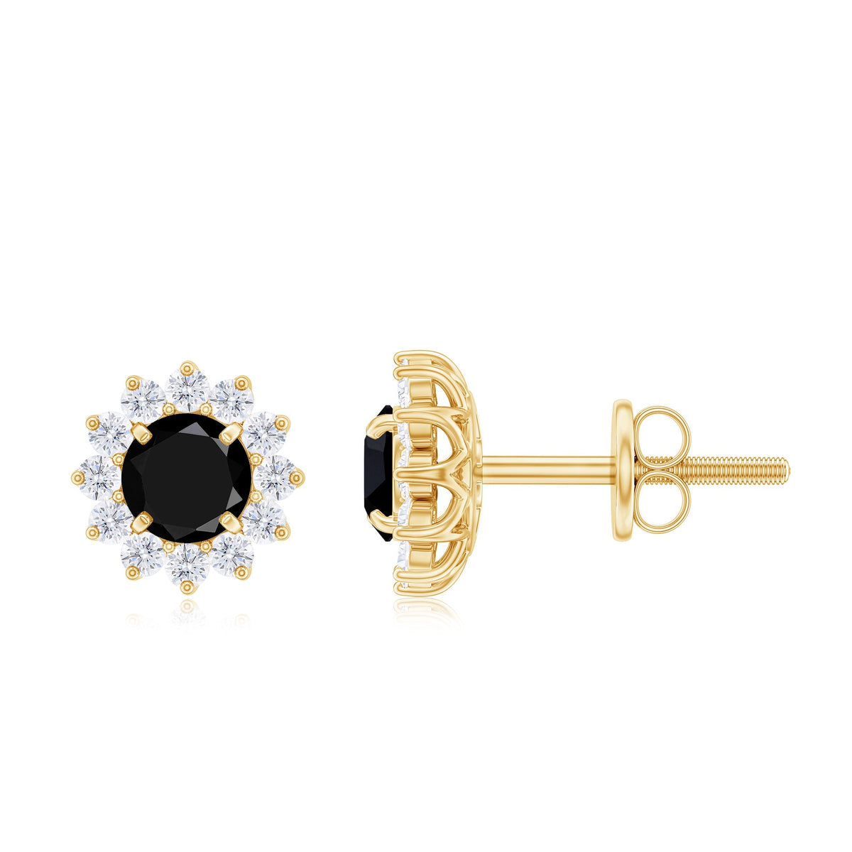 0.9 Carat Black Spinel and Diamond Classic Halo Stud Earrings