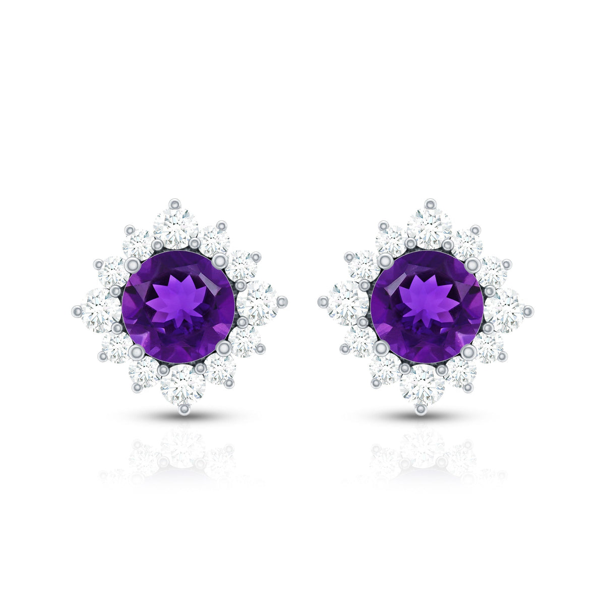 Genuine Amethyst Stud Earrings with Diamond Halo