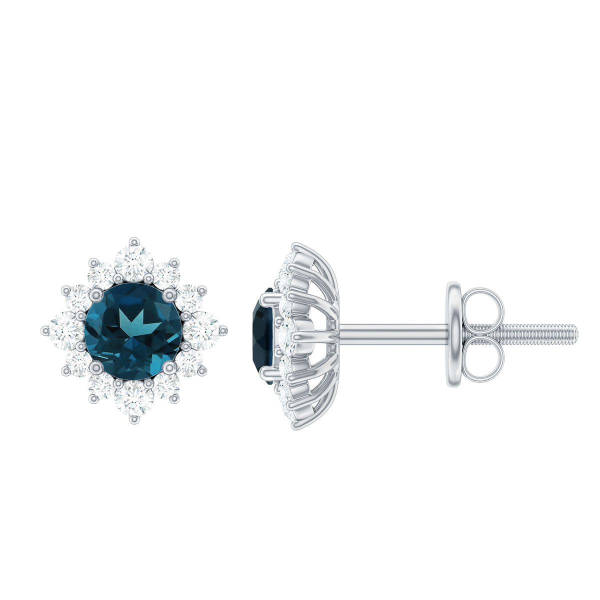 Pendientes de topacio azul Londres clásico de 1,2 quilates con halo de diamantes