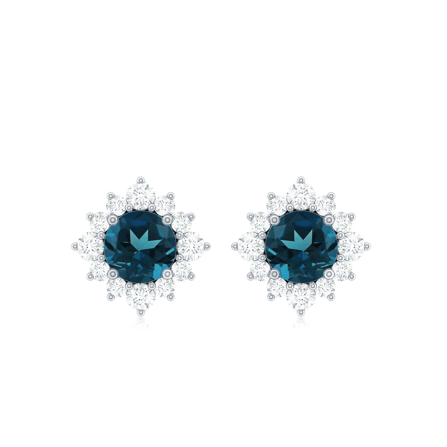 Pendientes de topacio azul Londres clásico de 1,2 quilates con halo de diamantes