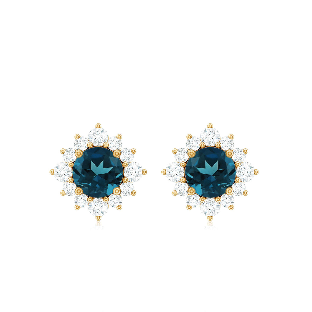 Pendientes de topacio azul Londres clásico de 1,2 quilates con halo de diamantes