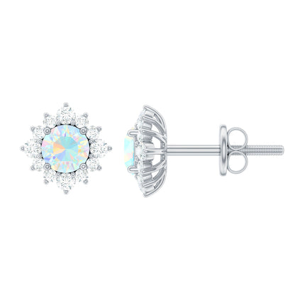 Classic Ethiopian Opal Stud Earrings with Diamond Halo