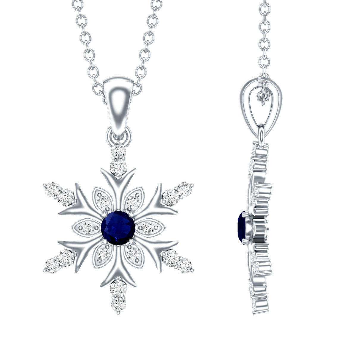 Collar con colgante de copo de nieve contemporáneo de zafiro azul y diamantes