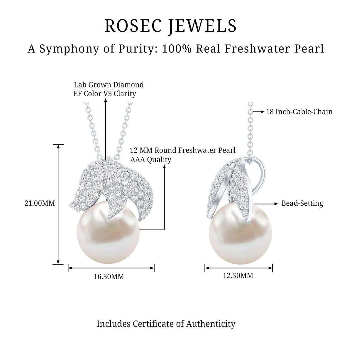 Certified Freshwater Pearl Bridal Necklace with Lab Diamond