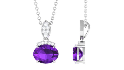 Real 1 Carat Oval Amethyst Diamond Necklace in East West Style