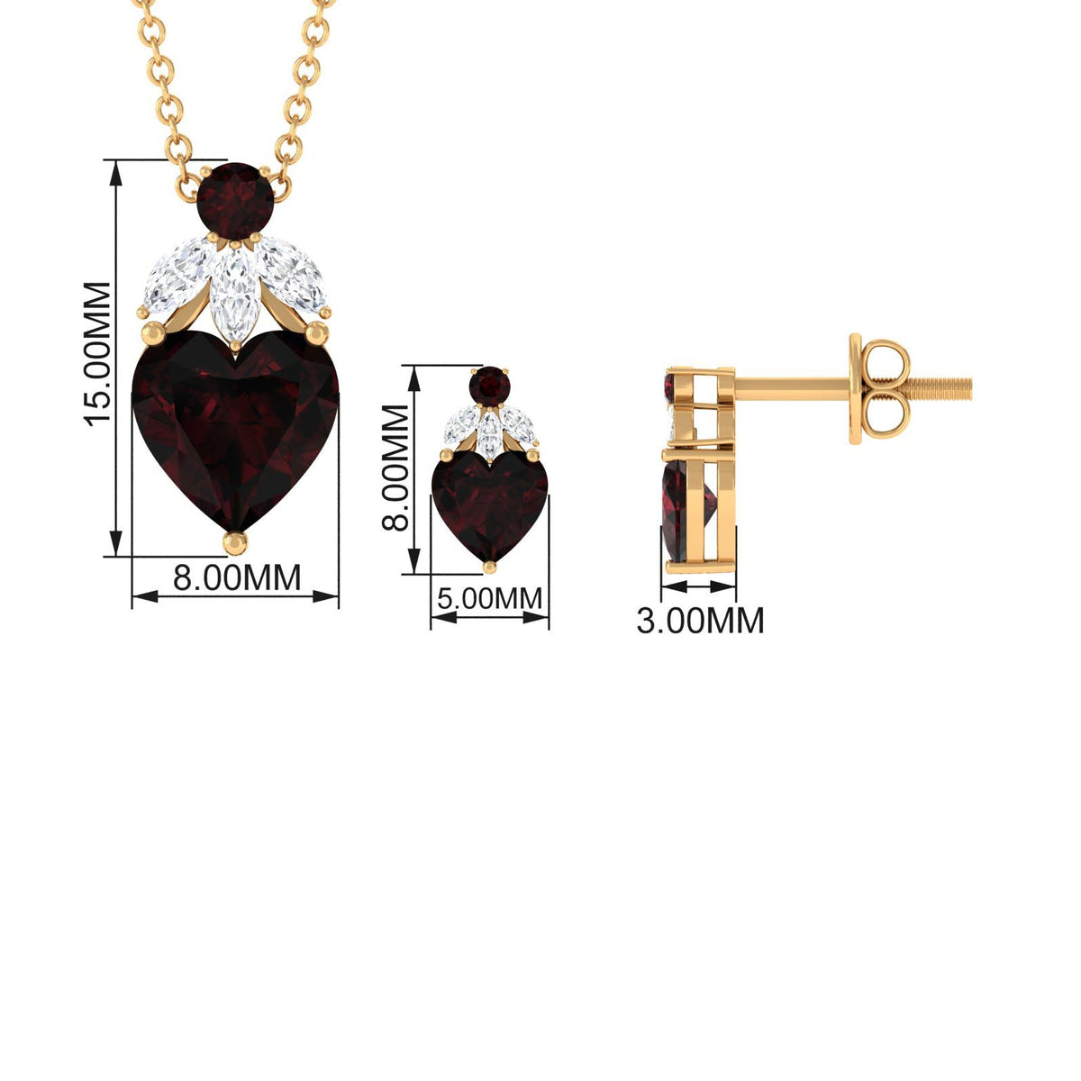 Conjunto de collar y pendientes de granate con forma de corazón y diamante