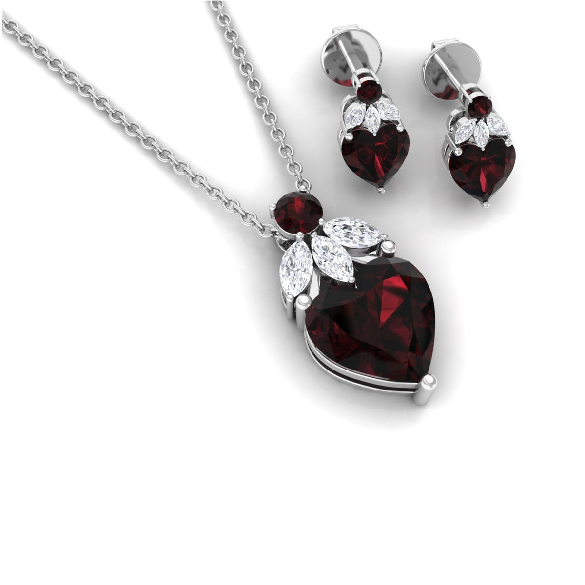 Conjunto de collar y pendientes de granate con forma de corazón y diamante