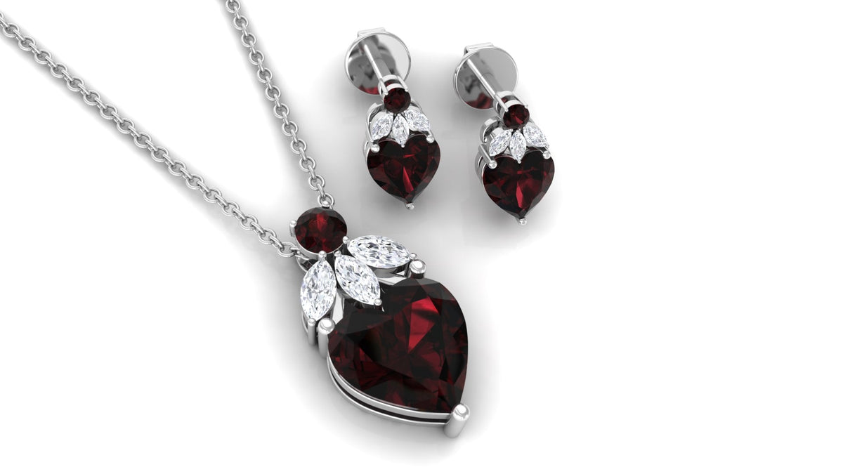 Conjunto de collar y pendientes de granate con forma de corazón y diamante