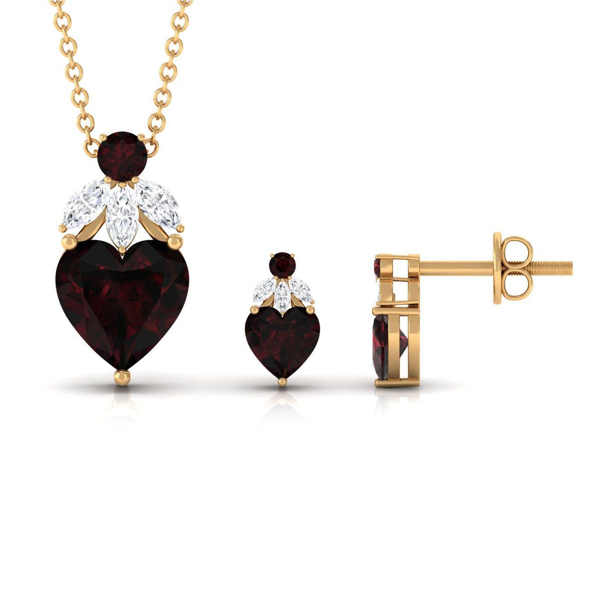 Conjunto de collar y pendientes de granate con forma de corazón y diamante