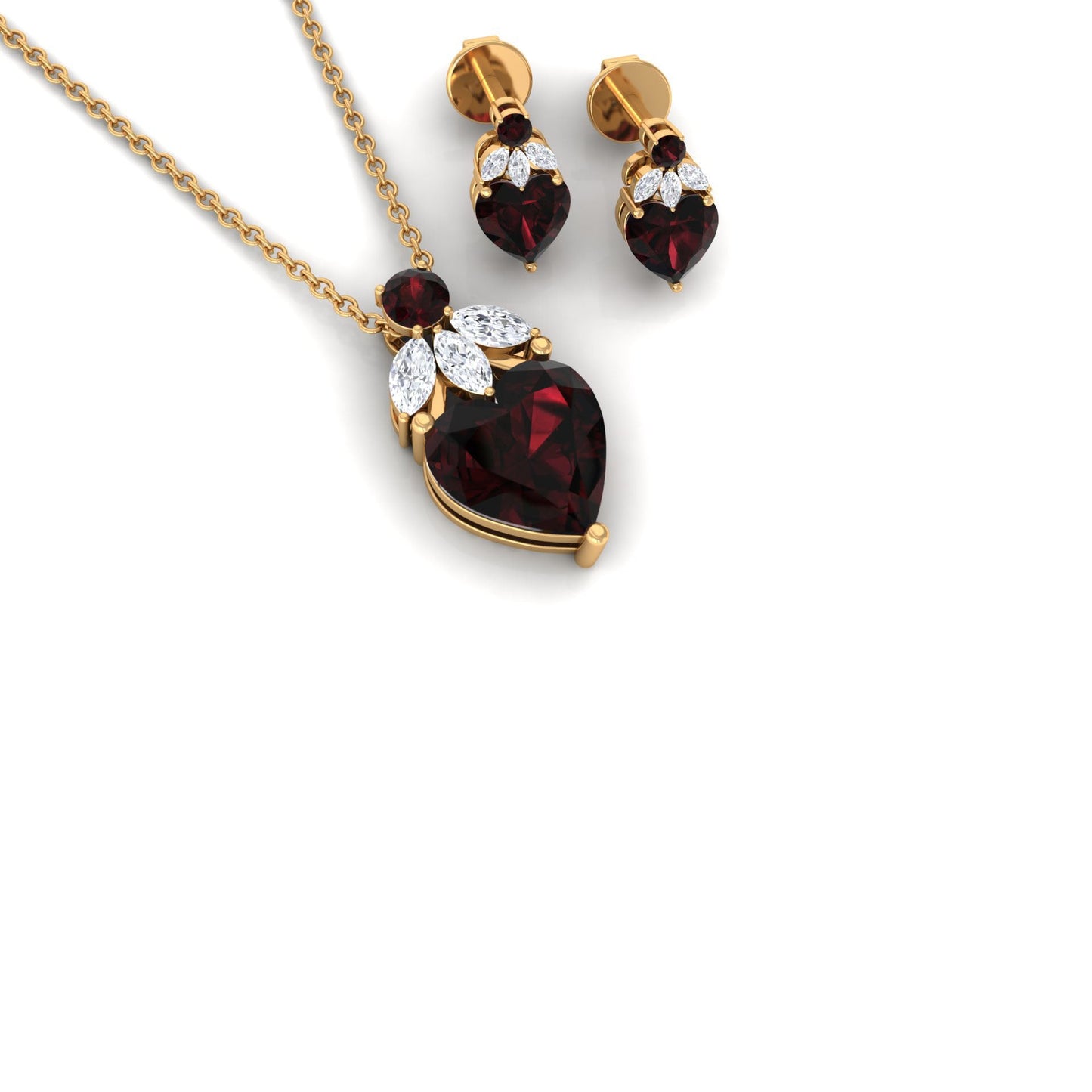 Conjunto de collar y pendientes de granate con forma de corazón y diamante