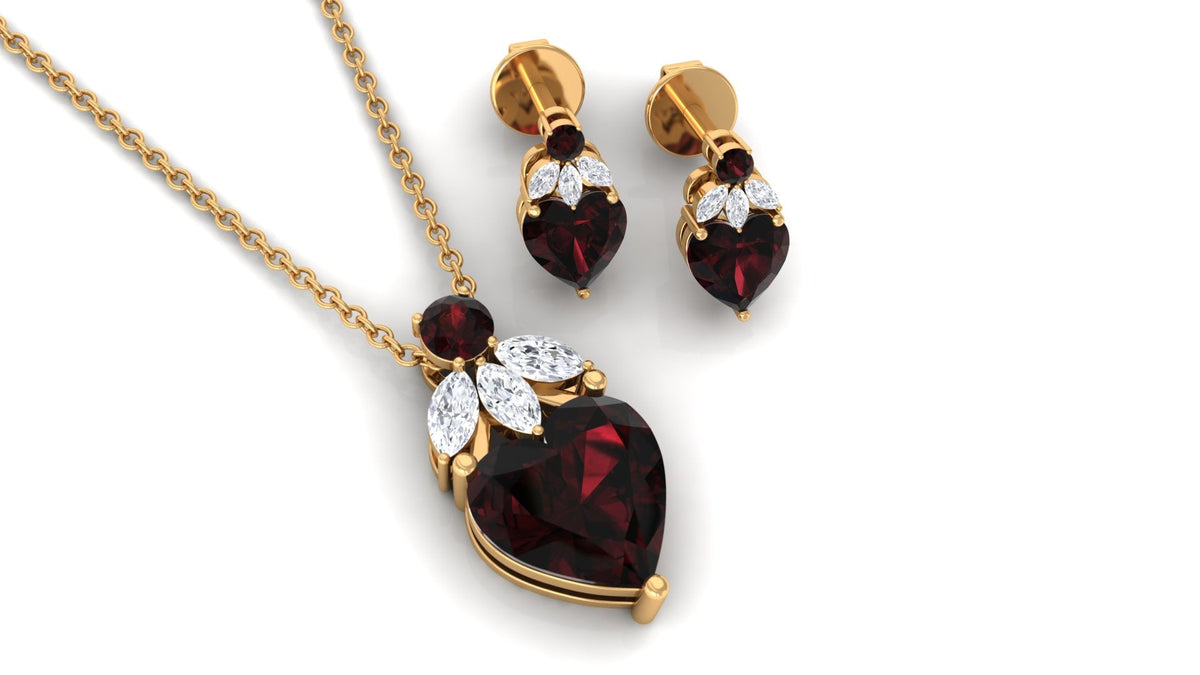 Conjunto de collar y pendientes de granate con forma de corazón y diamante