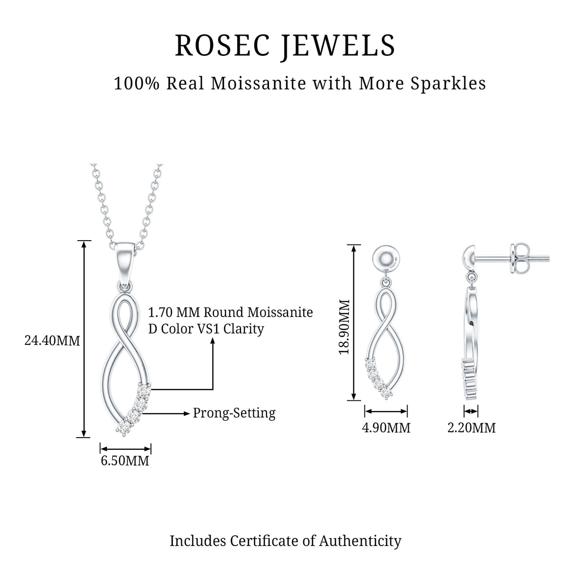 Certified Moissanite Infinity Necklace and Earrings Set