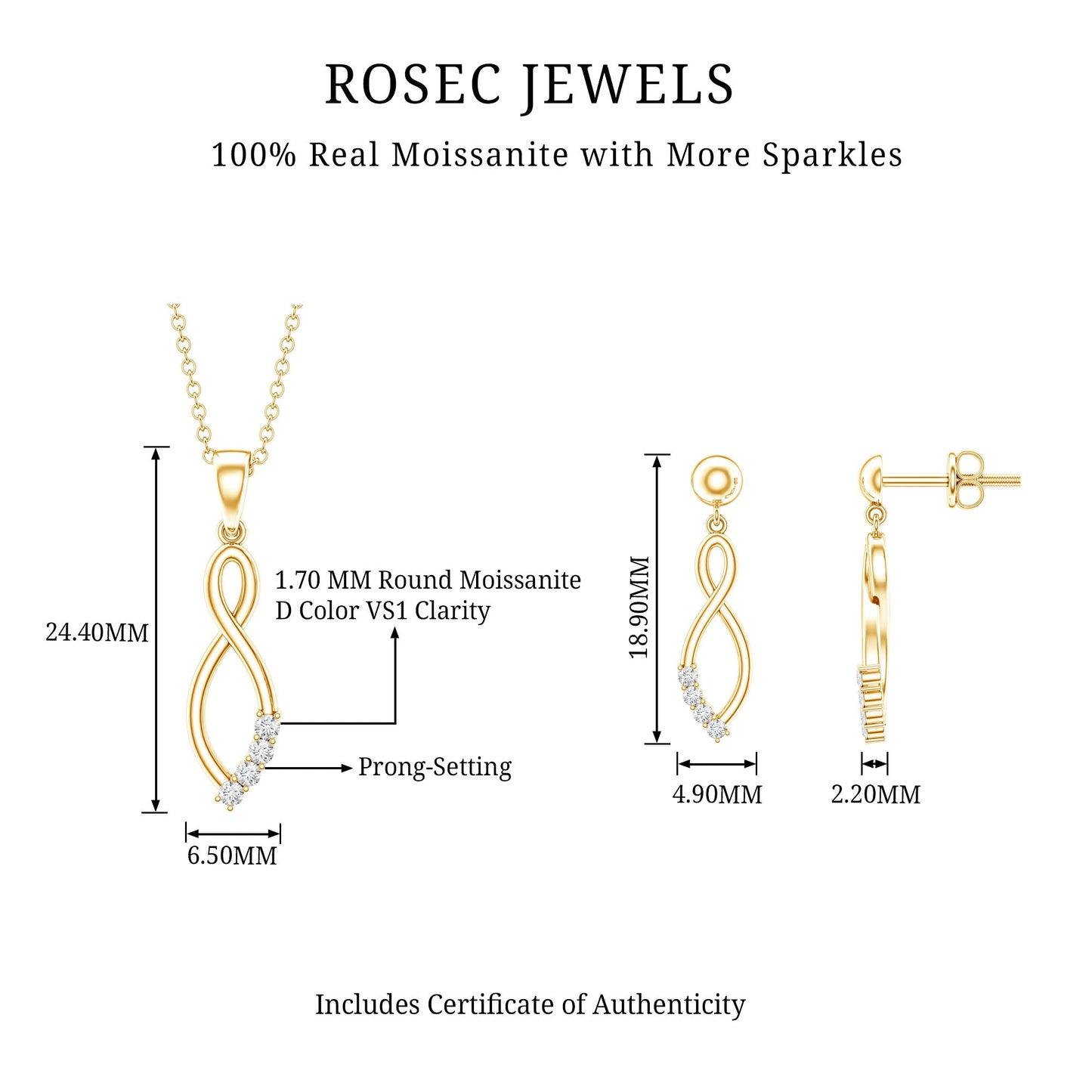 Certified Moissanite Infinity Necklace and Earrings Set