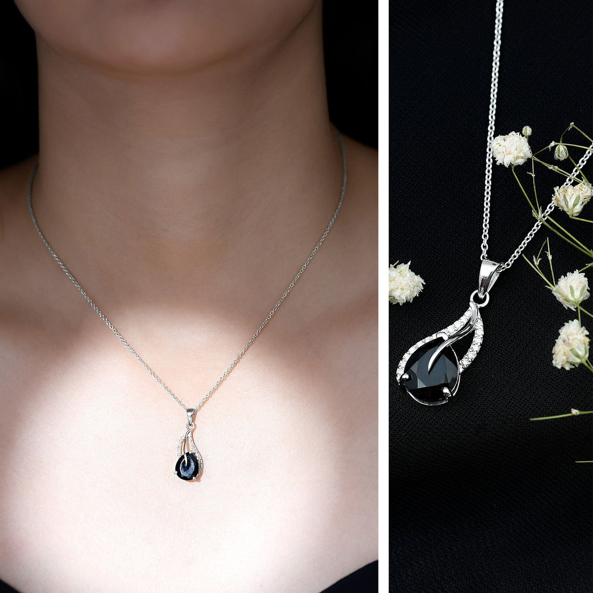 Collar con colgante de hoja de ónix negro y diamante, con ónix en forma de pera