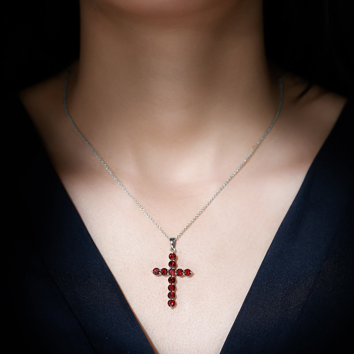 Genuine Garnet Cross Pendant Necklace