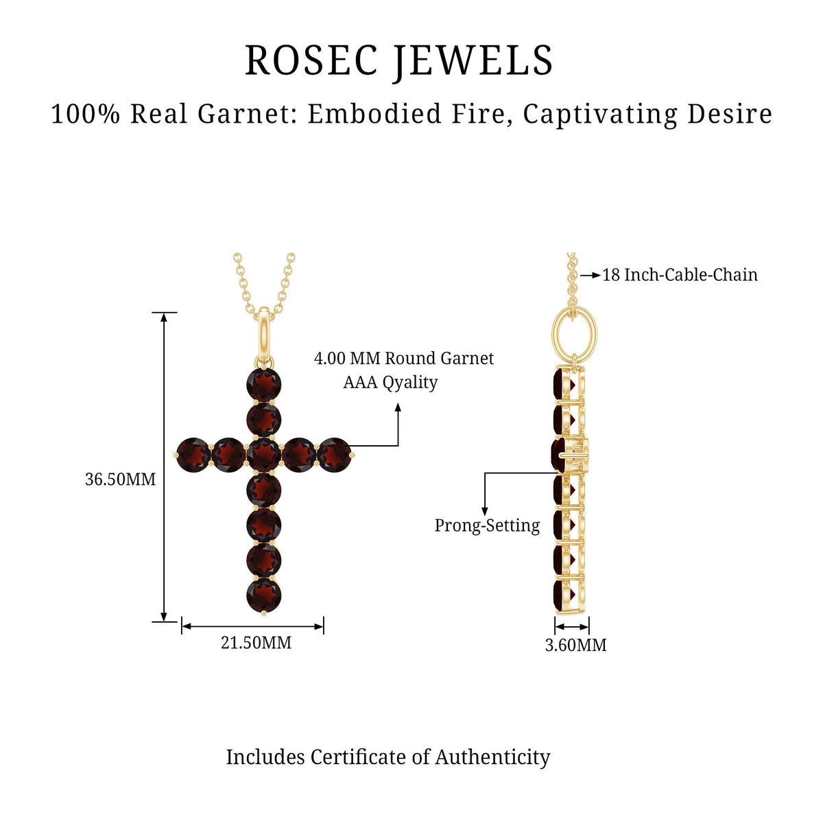 Genuine Garnet Cross Pendant Necklace