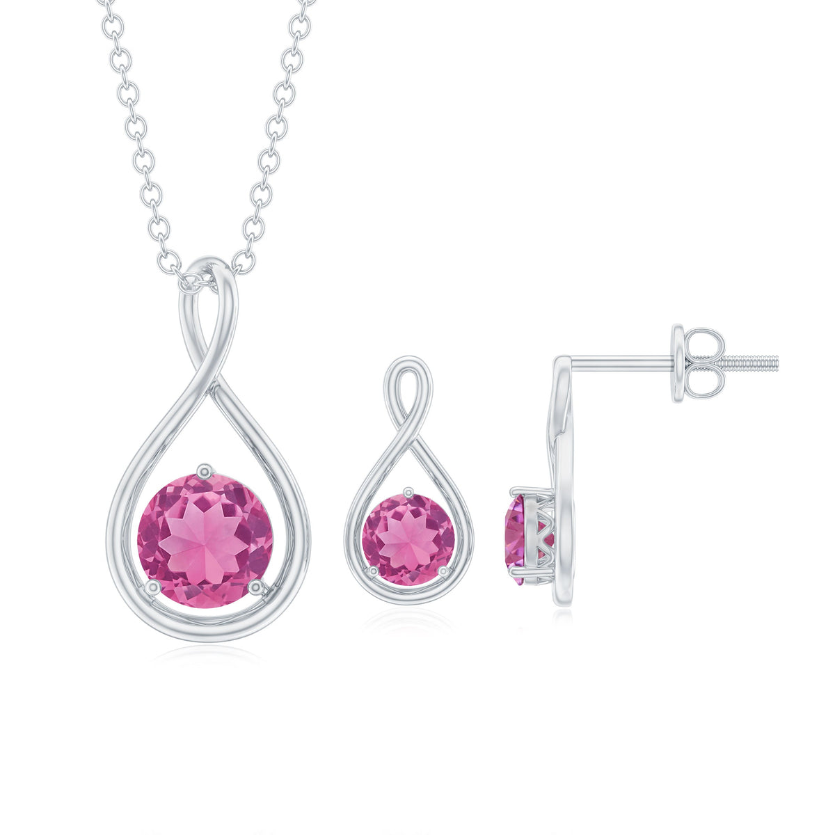 Genuine Pink Tourmaline Infinity Necklace and Earrings Set