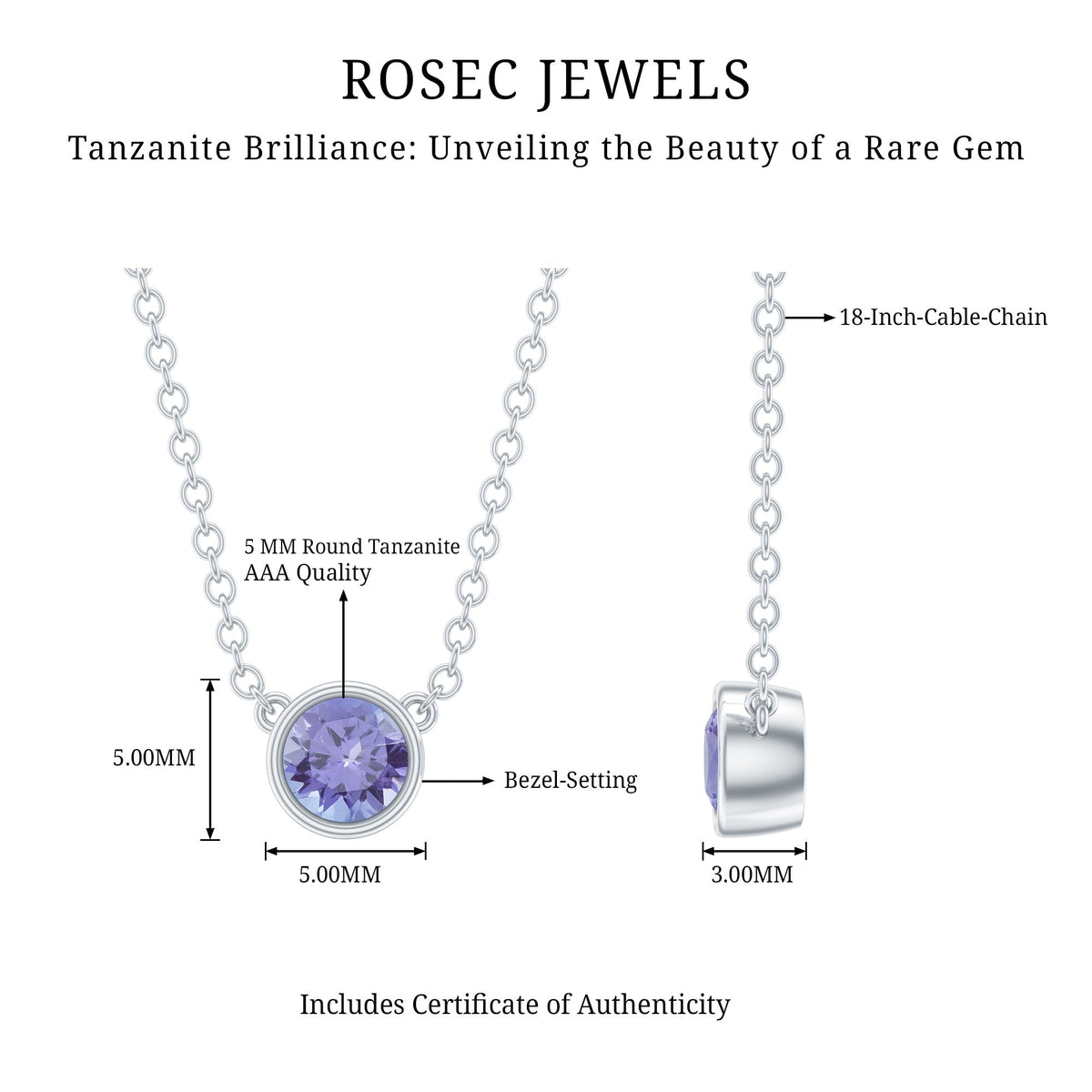 Collar solitario de tanzanita de 0,5 CT con engaste de bisel