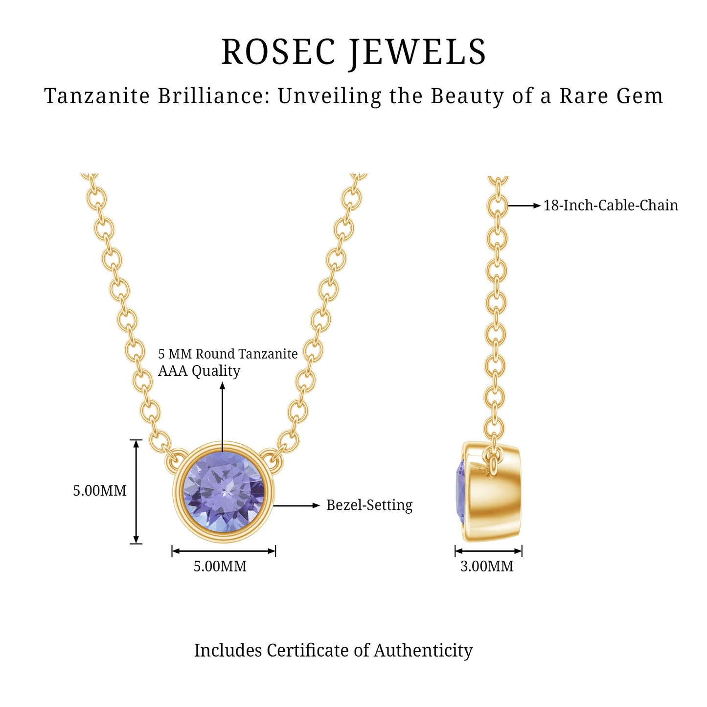 Collar solitario de tanzanita de 0,5 CT con engaste de bisel