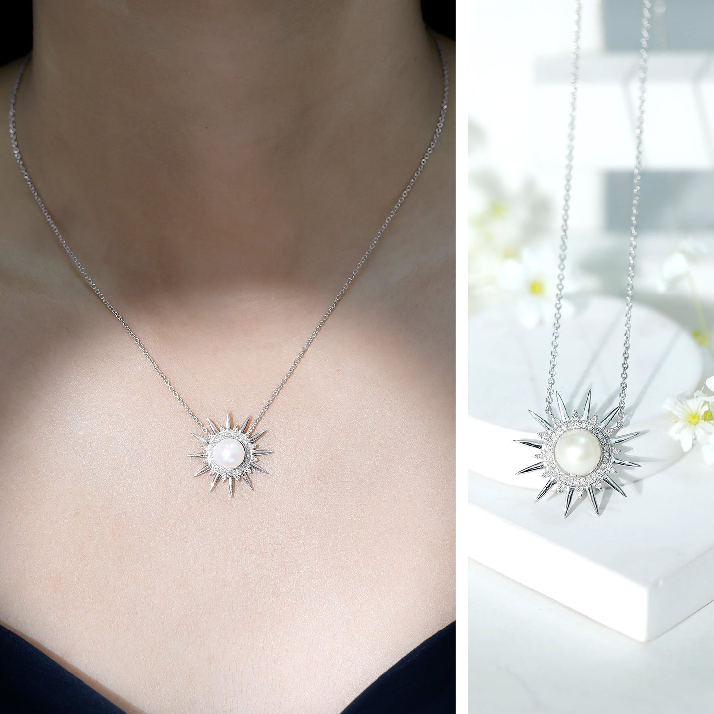 Collar con colgante en forma de sol con perla natural de agua dulce y diamantes