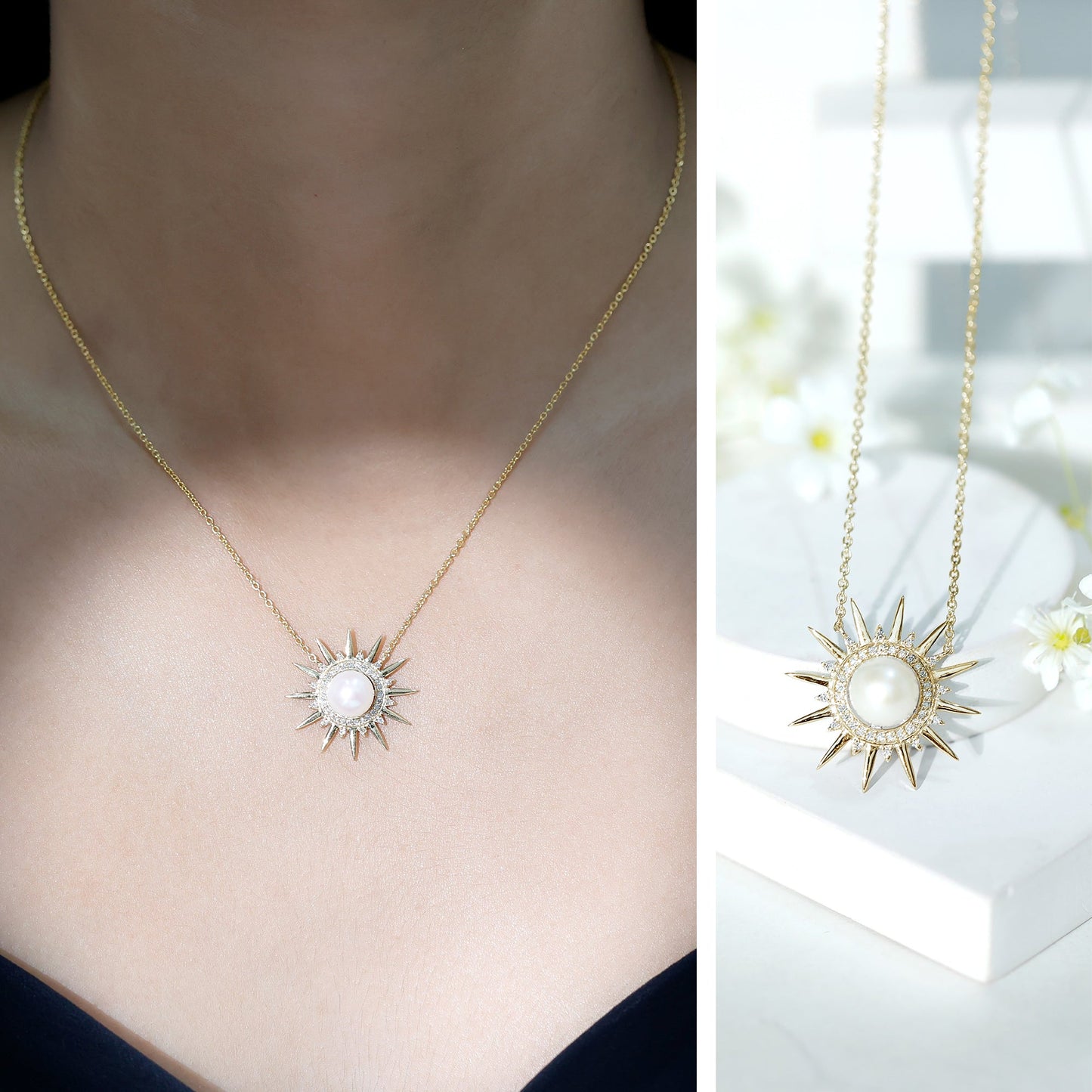 Collar con colgante en forma de sol con perla natural de agua dulce y diamantes