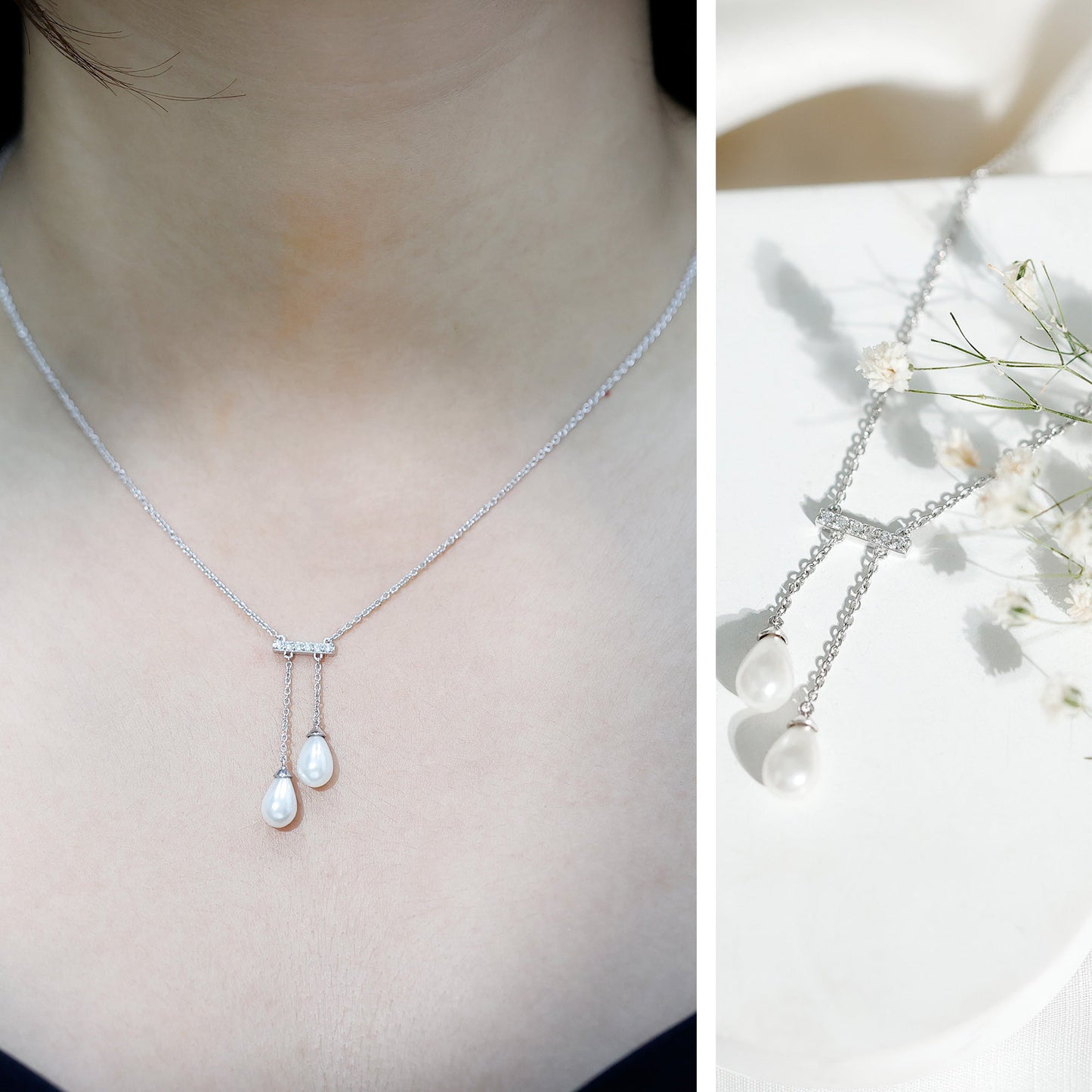 Collar Colgante con Barra de Perlas Genuinas de Agua Dulce y Diamantes con Certificado